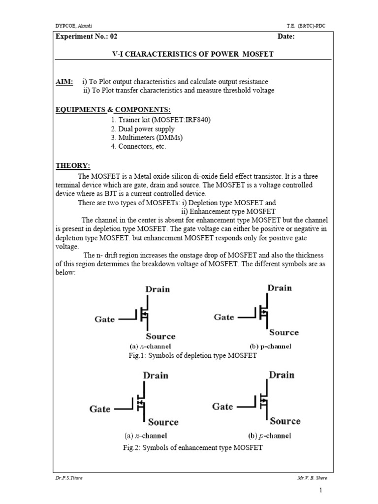 Expt No 2-MOSFET Characteristics | PDF | Mosfet | Field Effect Transistor