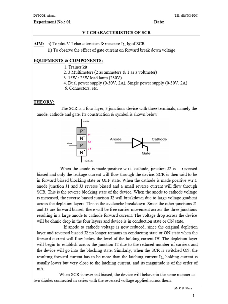 Expt No 1-SCR Characteristics | PDF | P–N Junction | Electricity