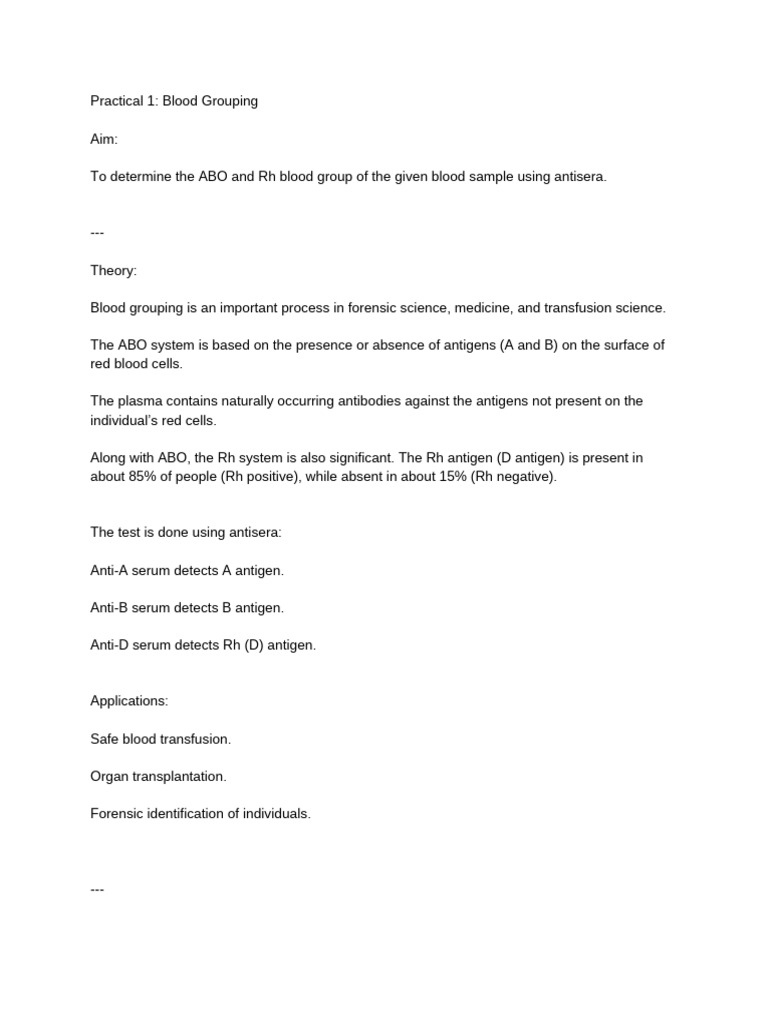 Practical 1- Blood Grouping | PDF | Serology | Hematology