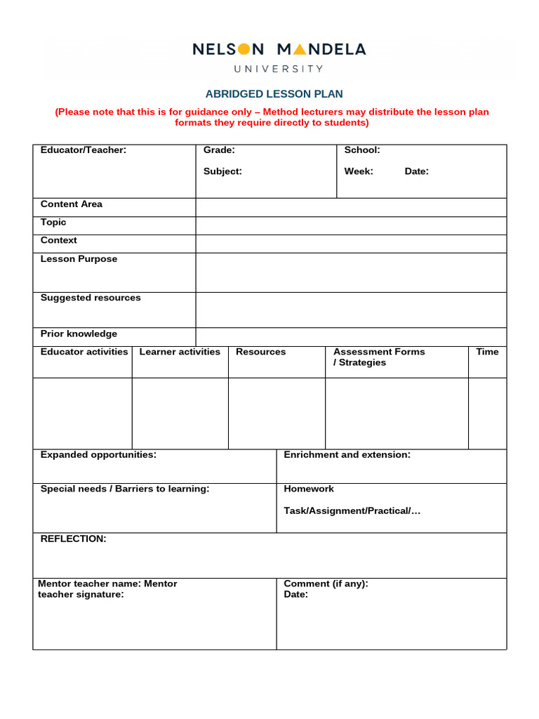 Abridged Lesson Plan Template | PDF