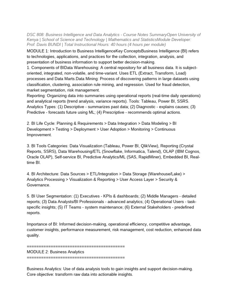 Business Intelligence & Data Analytics - Course Notes Summary | PDF ...
