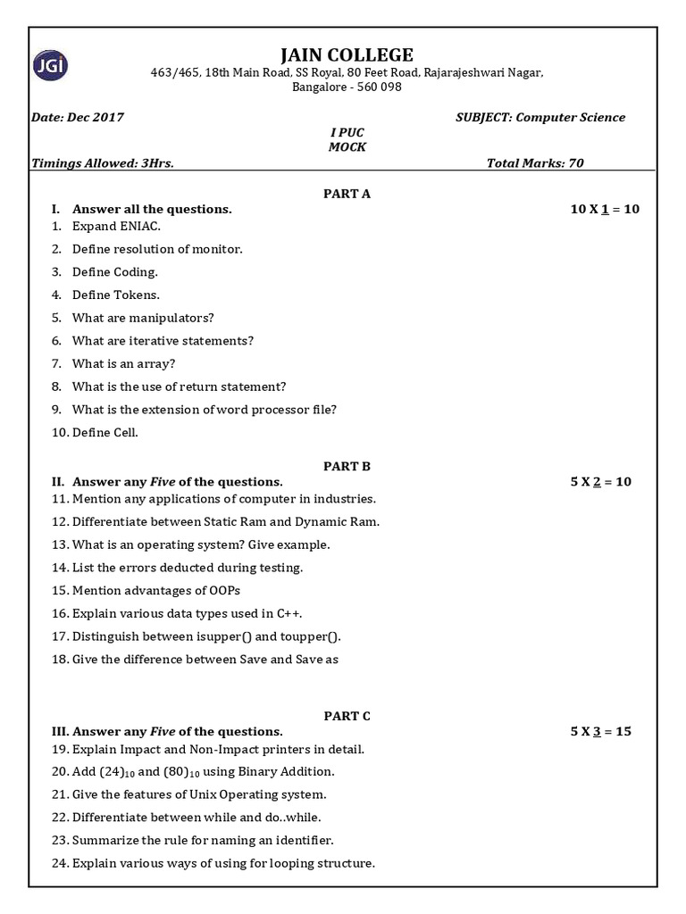 Karnataka I PUC Computer Science Sample Question Paper 1 | PDF | C++ ...
