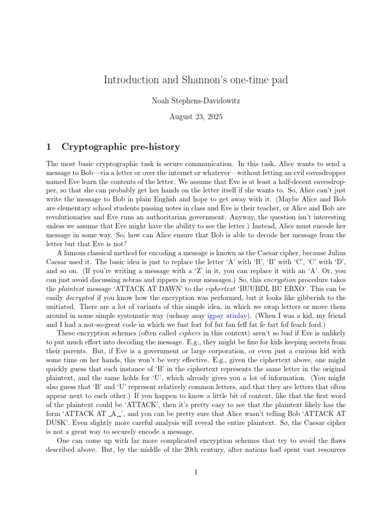 CS4830 Lecture 1 Shannon | PDF | Cryptography | Encryption