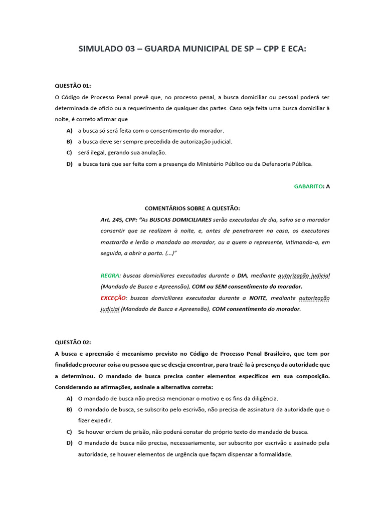 Simulado 03 - Guarda Municipal Sp - Cpp e Eca | PDF | Crimes | Crime e ...