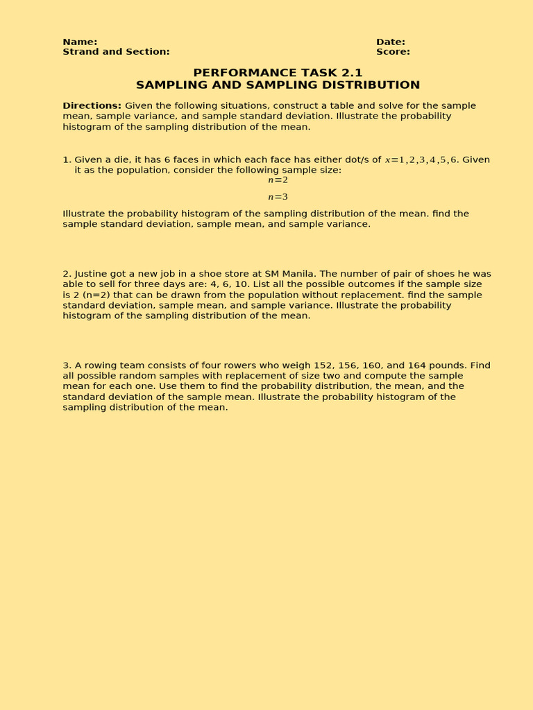Performance Task 2.1 Sampling and Sampling Distribution (2) | PDF