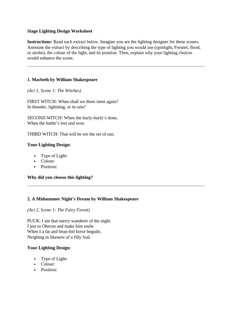 Stage Lighting Design Worksheet | PDF
