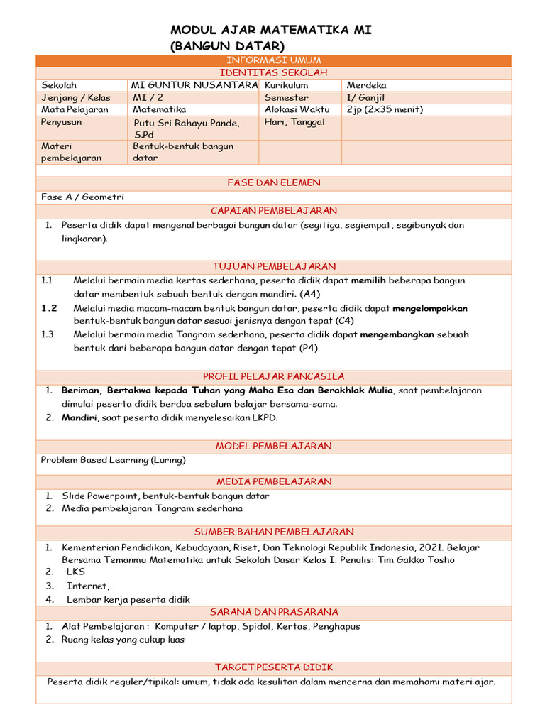 Modul Ajar Matematika Kelas 2 Bangun Datar | PDF