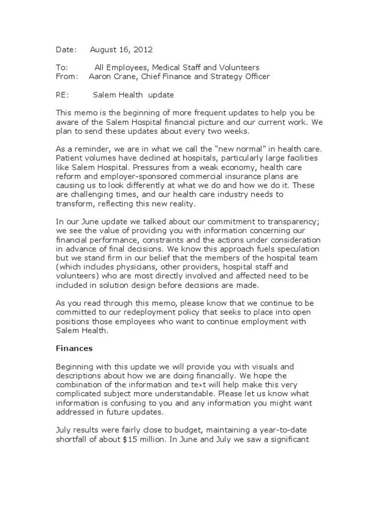 Salem Hospital Memo to Staff Hospital Service Industries