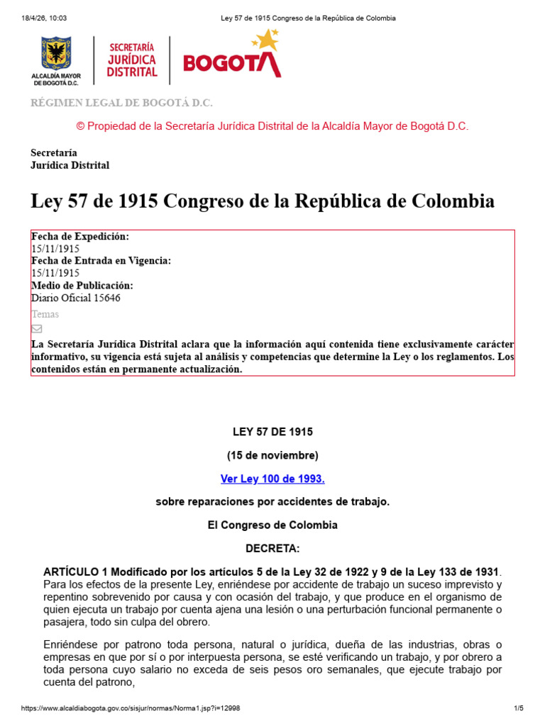 Ley 57 de 1915 Congreso de La República de Colombia | PDF | Daños y ...