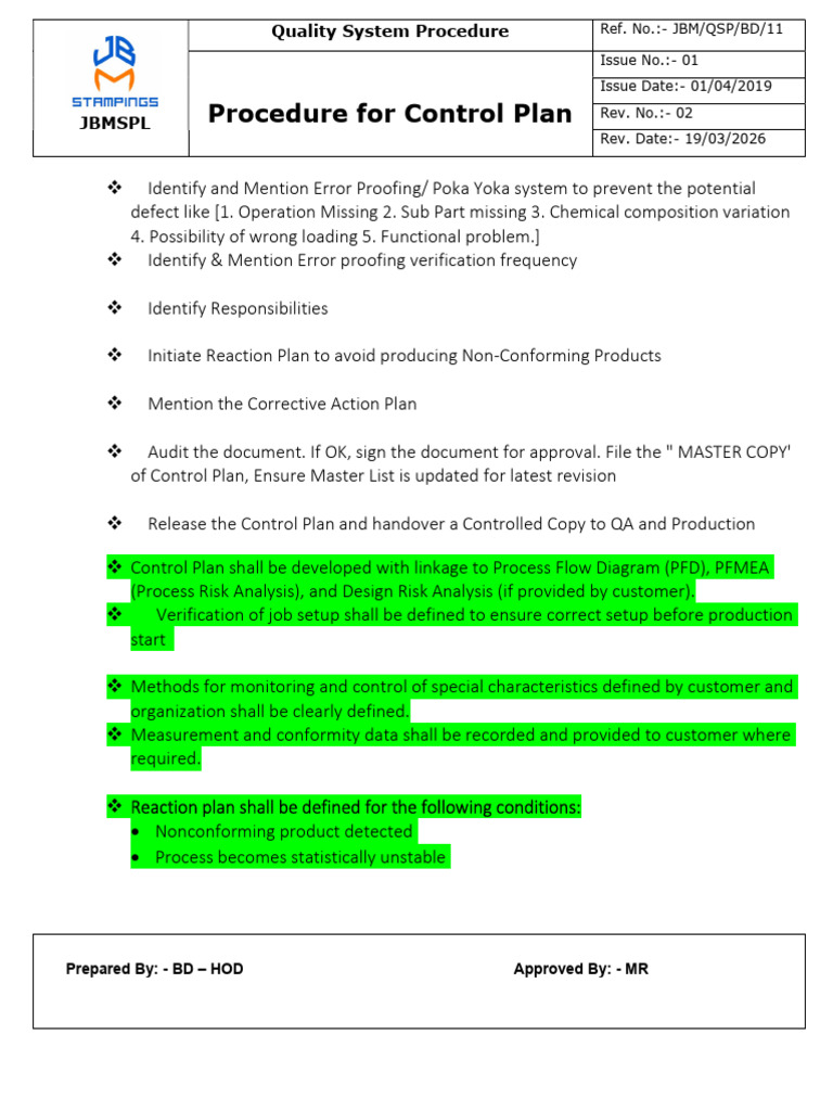 Control plan procedure | PDF