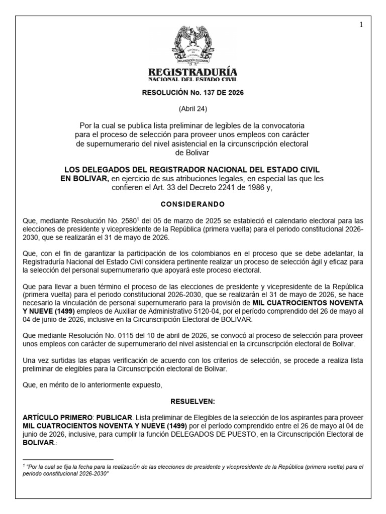 RESOLUCION N° 137 DEL 24 DE ABRIL DE 2026 - BOLIVAR | PDF | Gobierno ...
