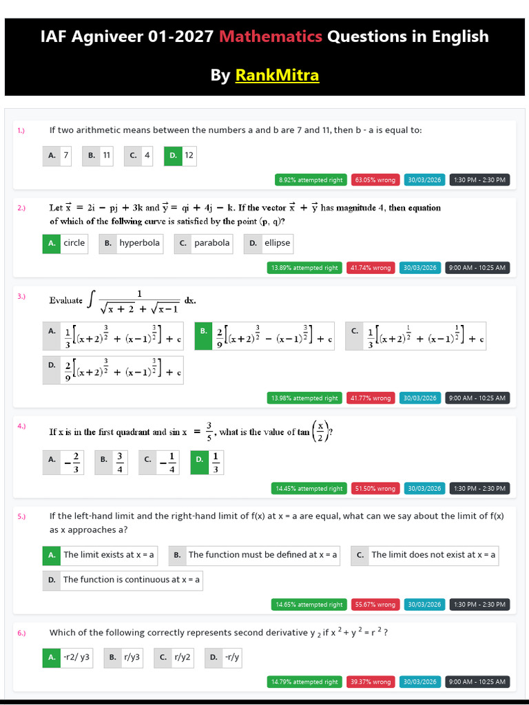 English IAF Agniveer 01 2027 Mathematics Questions by RankMitra | PDF ...