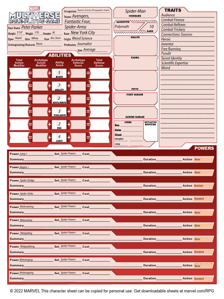 590225597 Marvel Multiverse Character Sheet Fillable | PDF | Marvel ...