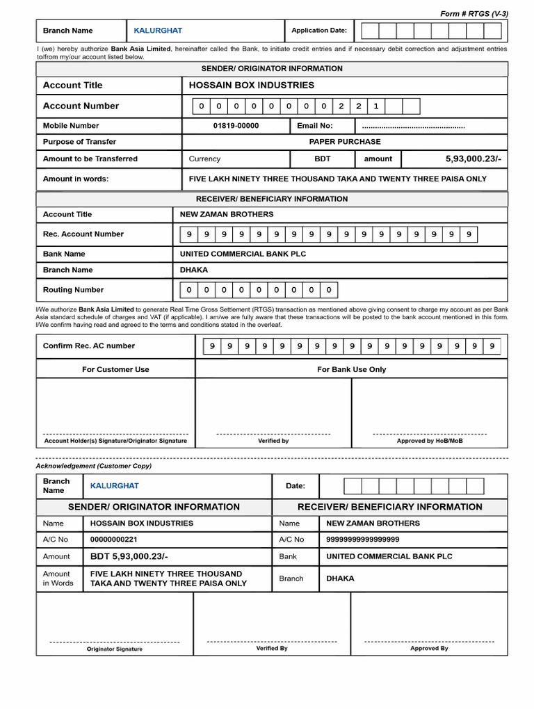 Bank Asia RTGS Form (1) | PDF