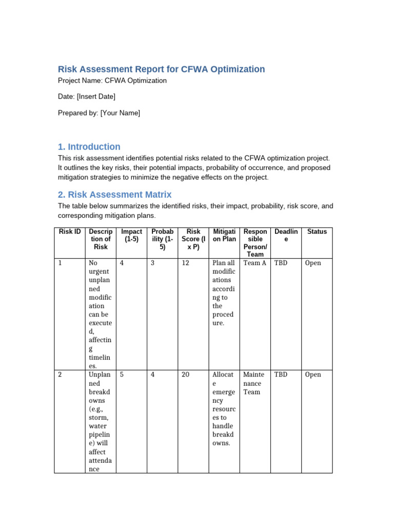 Risk Assessment Report CFWA Optimization | PDF | Risk