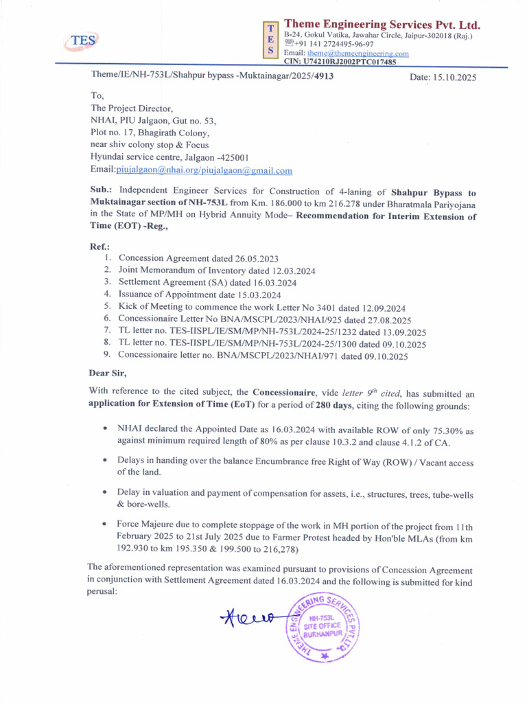 4913 Letter Dated 15.10.2025 Recommendation for Interim EOT | PDF