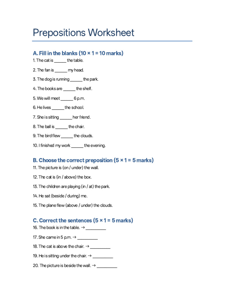 Prepositions Test Paper Class5 | PDF
