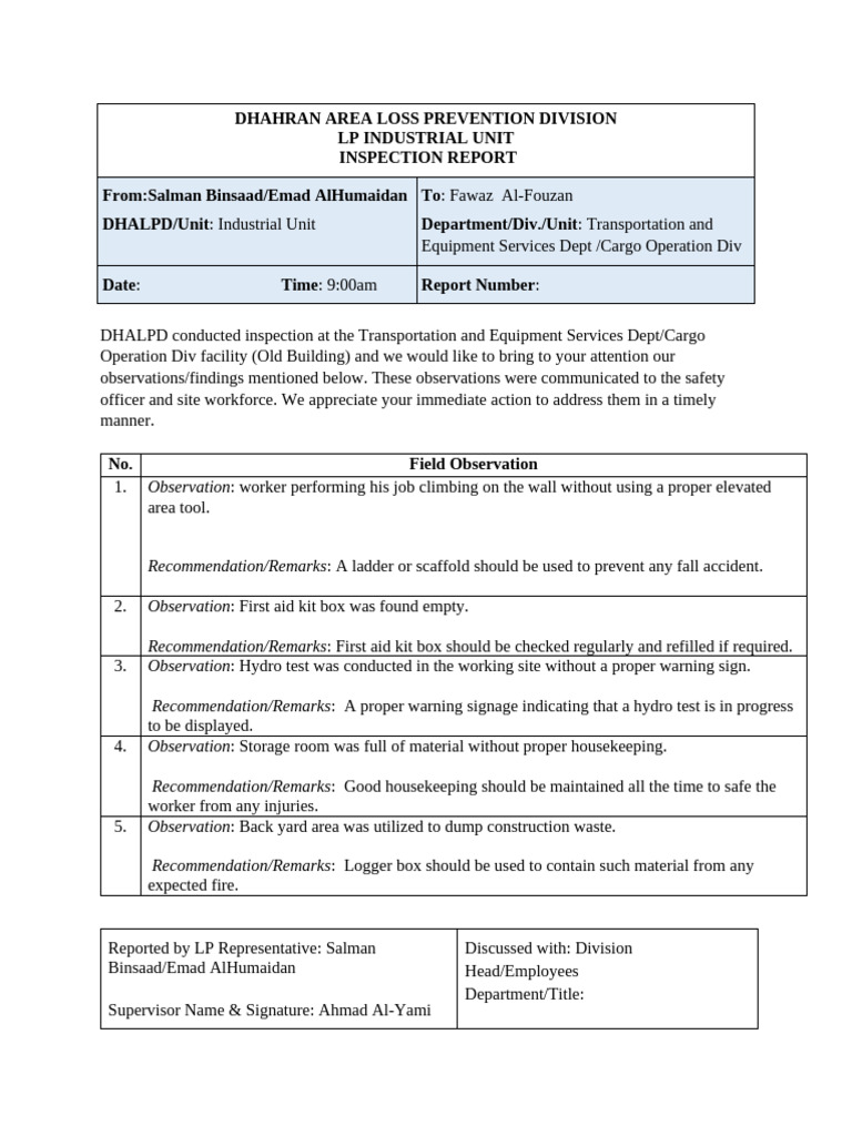 Field Safety Inspection Form - T&ESD | PDF