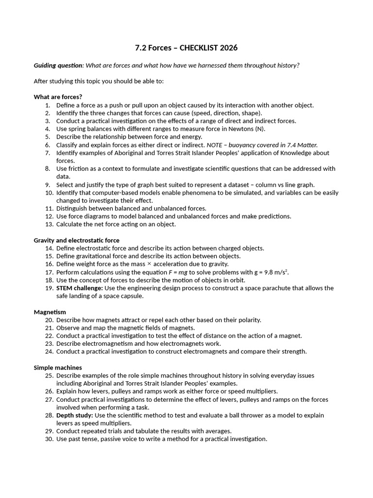 7.2 Forces Checklist 2026 | PDF | Force | Gravity