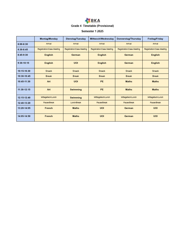 Grade 4 Timetable Semester 1 2025 (Provisional) | PDF