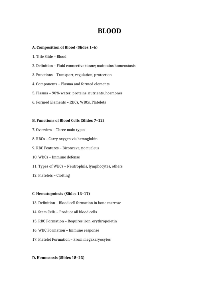 Blood Hematology Outline Handout | PDF