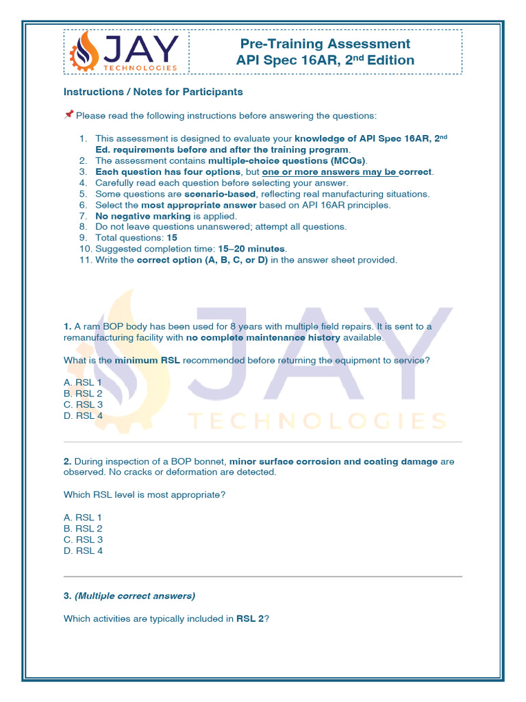 Pre-Training Assessment 16AR | PDF | Nondestructive Testing | Physical ...