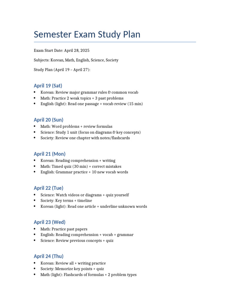 Semester Study Plan | PDF
