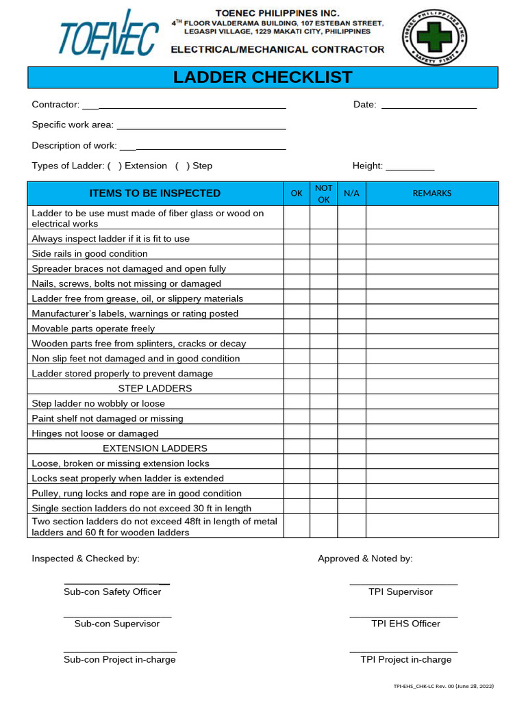TPI EHS CHKLST 013 (Ladder Checklist Daily) | PDF
