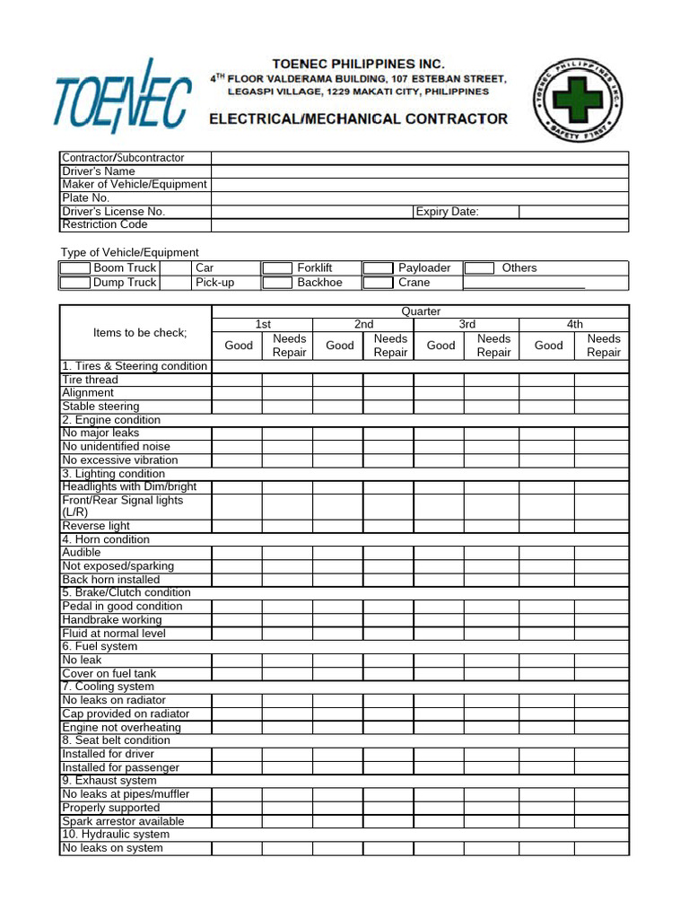 Quarterly Vehicle Inspection Checklist | PDF | Crane (Machine) | Truck