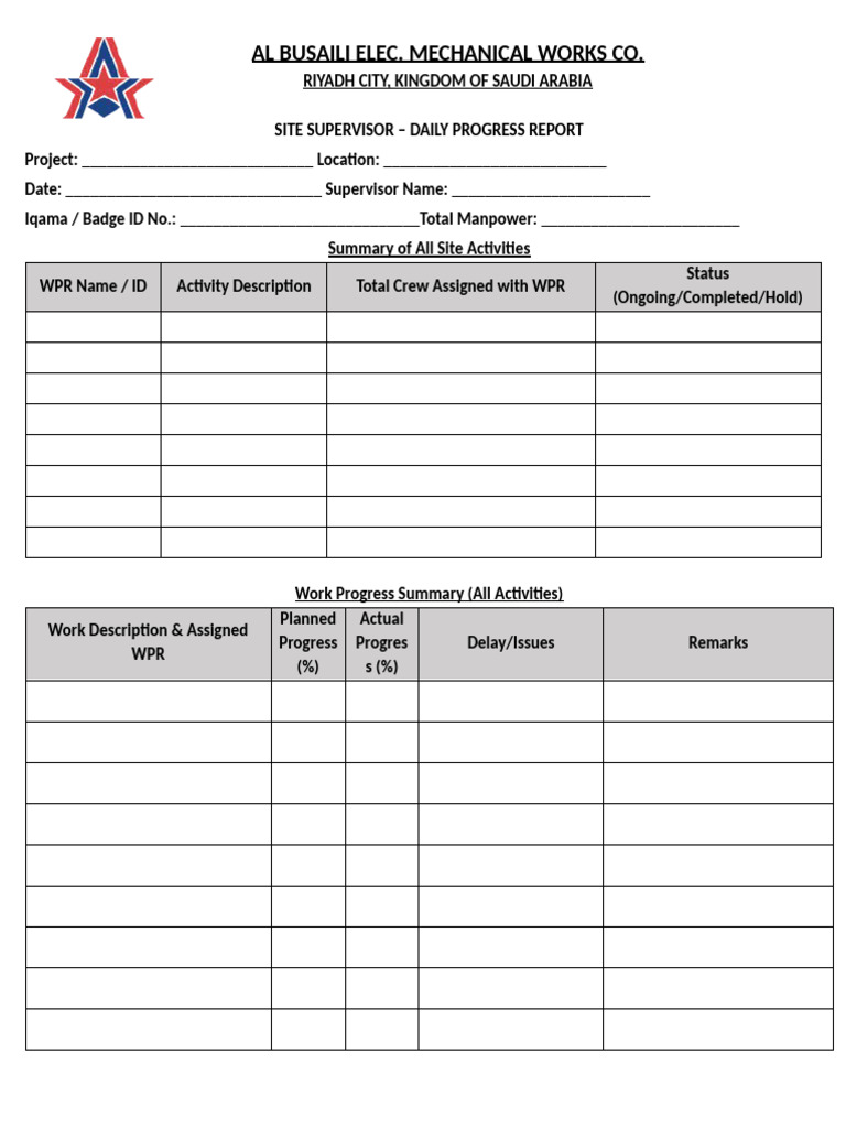 Site Supervisor Daily Work Report | PDF