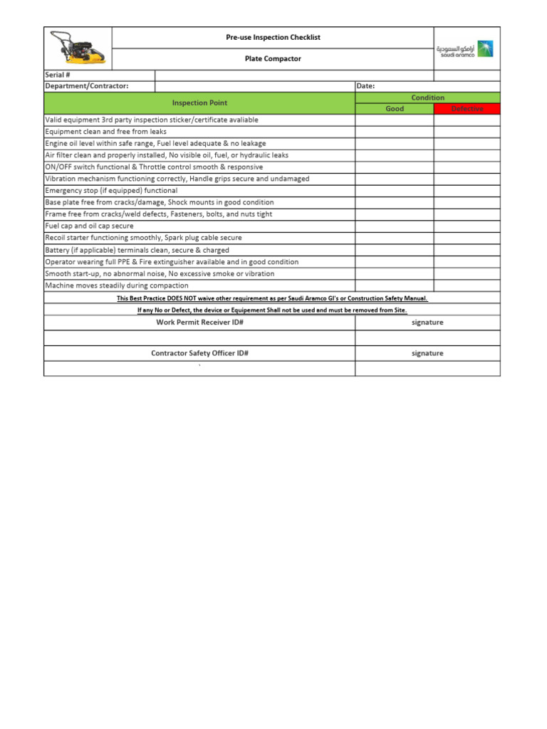 Plate Compactor Checklist | PDF