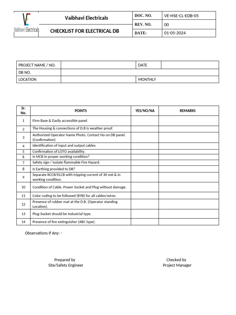 Checklist of Electrical Db | PDF