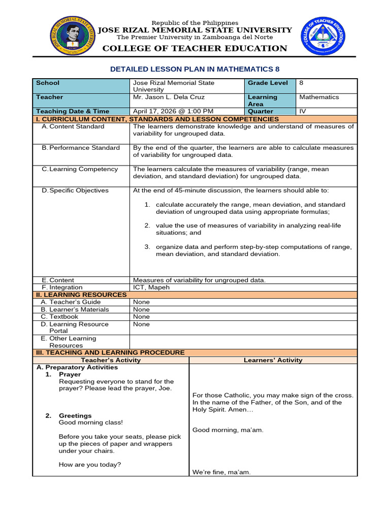 Lesson Plan New Format Mathematics | PDF | Learning | Data