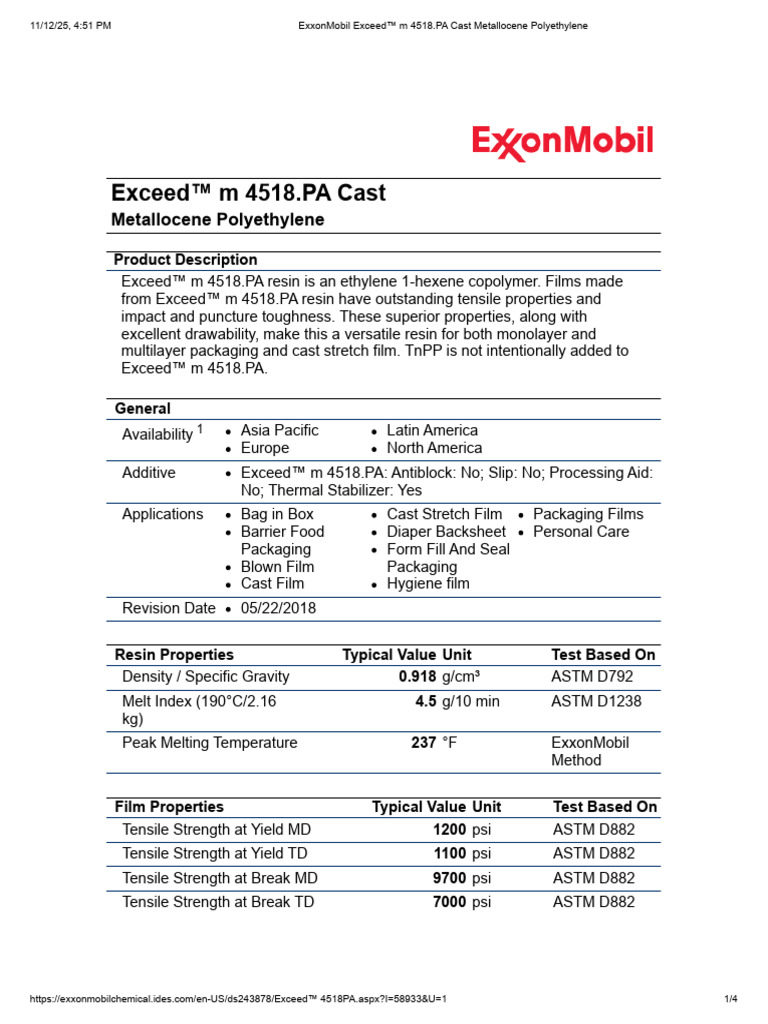 ExxonMobil Exceed™ m 4518.PA Cast Metallocene Polyethylene | PDF ...
