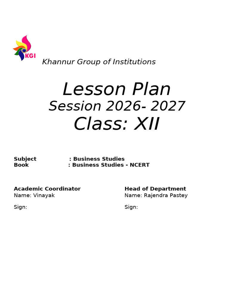Cl 12 Lesson Plan Business Studies 2025 26 (1) | PDF | Business