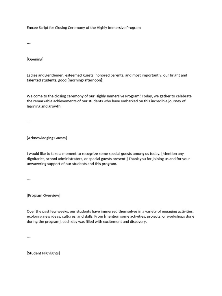 Emcee Script for Closing Ceremony of the Highly Immersive Program | PDF