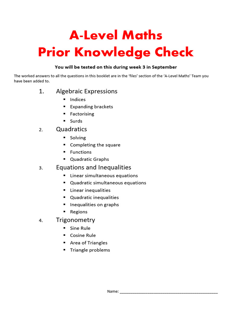 A-Level prior knowledge booklet | PDF | Quadratic Equation | Factorization