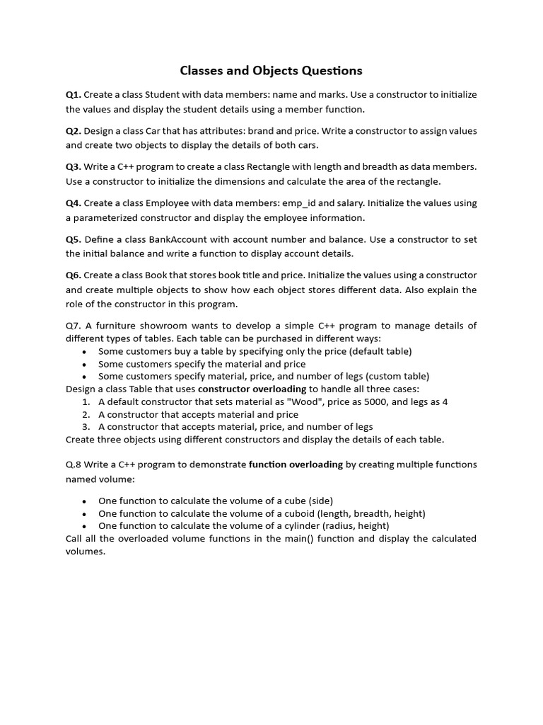 Class and Constructor Questions | PDF | Constructor (Object Oriented ...