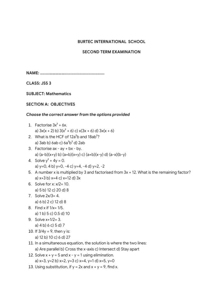 MATHEMATICS JSS3 | PDF | Mathematics | Chess Theory