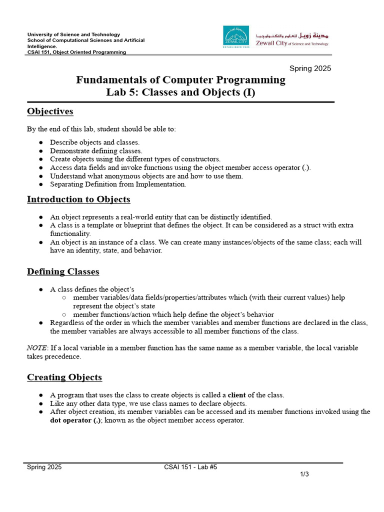 Lab 5 - Classes and Objects.docx | PDF | Constructor (Object Oriented ...