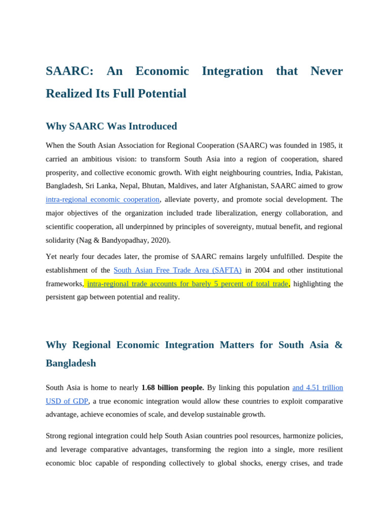 SAARC- An Economic Integration That Never Realized Its Full Potential ...