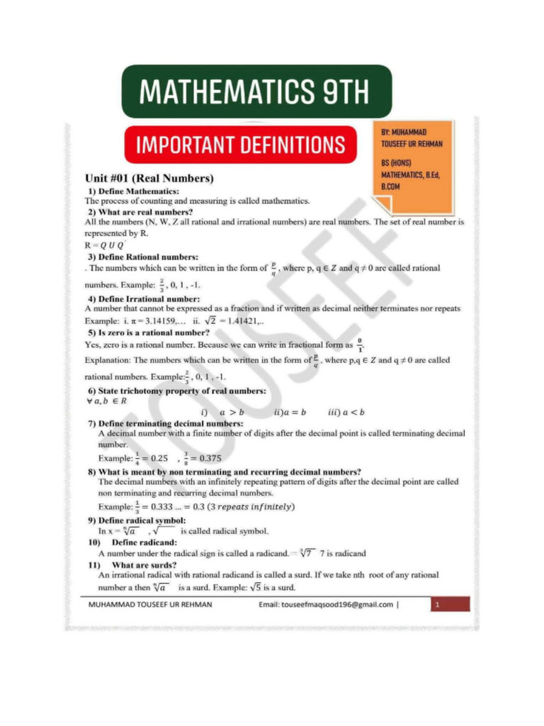 Math 9 Class Definitions | PDF