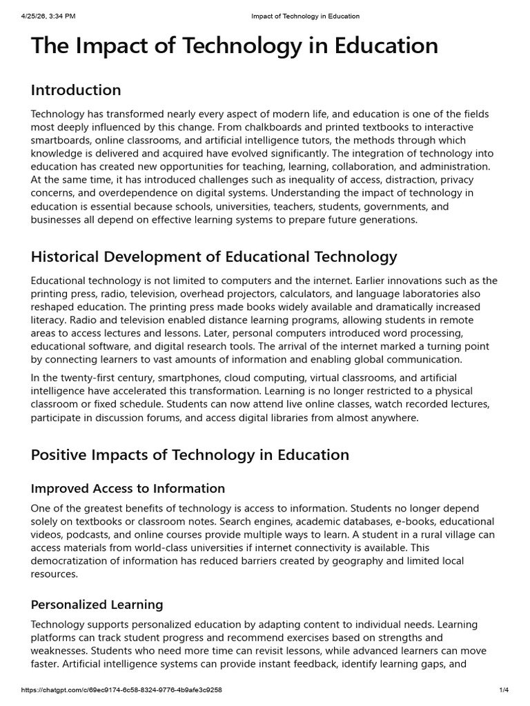 Impact of Technology in Education | PDF | Educational Technology | Learning