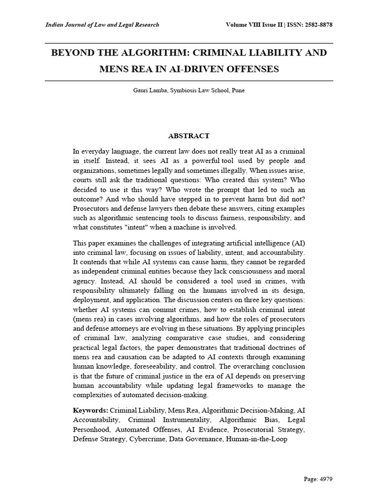Beyond The Algorithm - Criminal Liability and Mens Rea in Ai-Driven ...