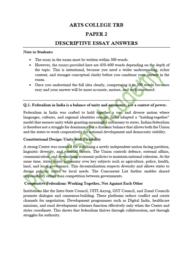 Arts College Assistant Professor Trb Paper 2 Answers in English Medium ...