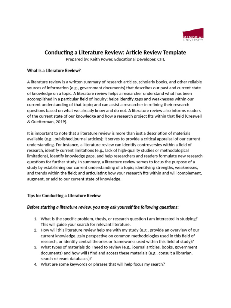 Article Review Template | PDF | Methodology | Literature Review