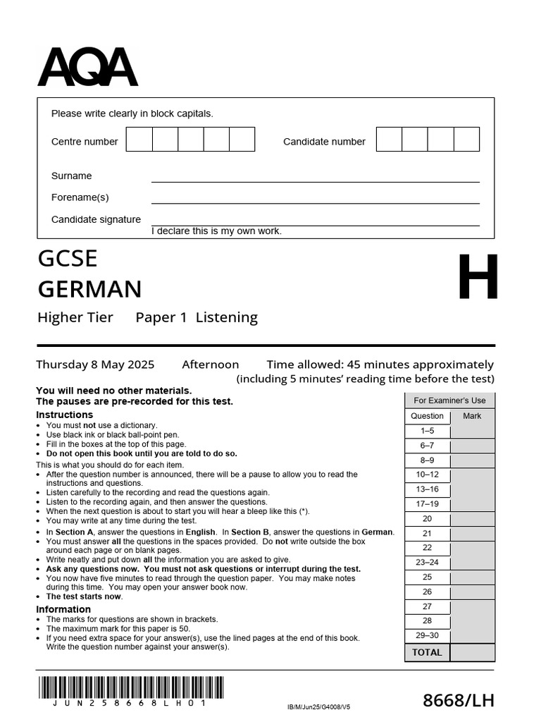AQA GCSE German Higher Paper 1 Listening 2025 | PDF