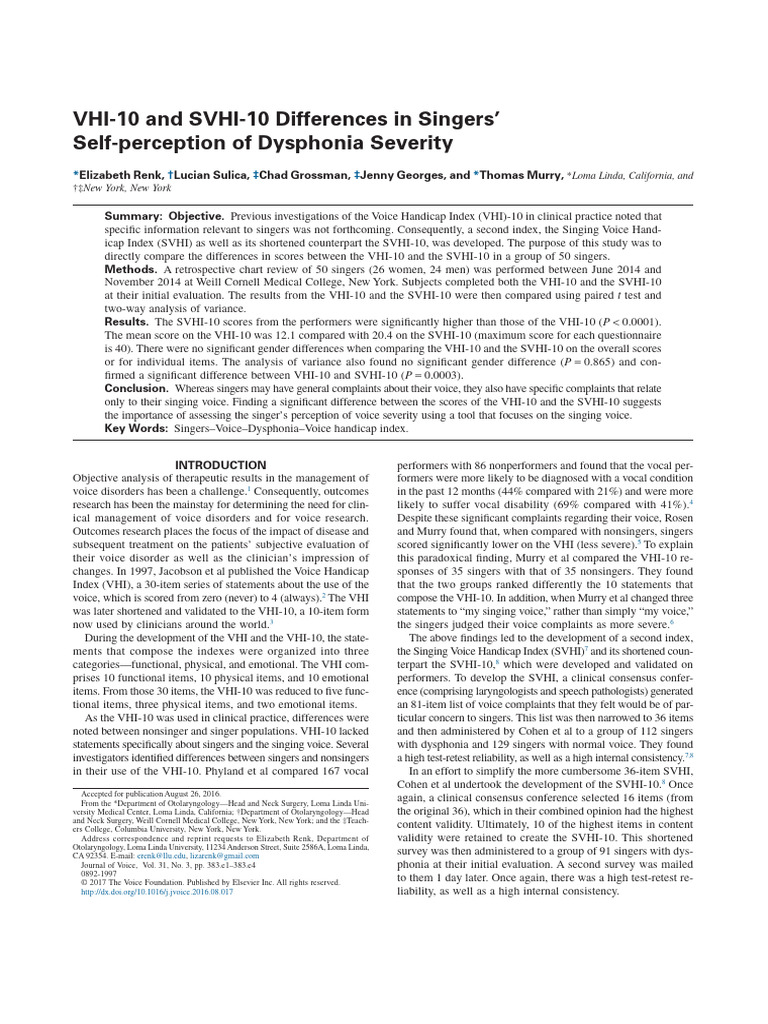 VHI-10 and SVHI-10 Differences in Singers’ Self-perception of Dysphonia ...