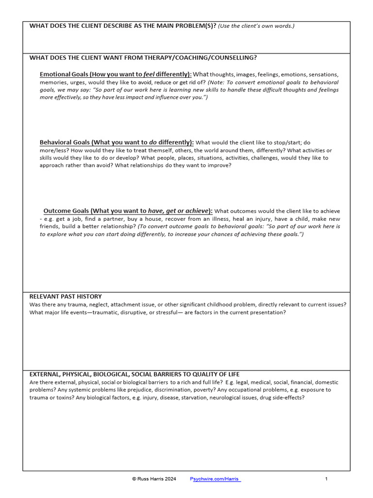 ACT Case Formulation Worksheet - Updated June 2024 Version - Russ ...