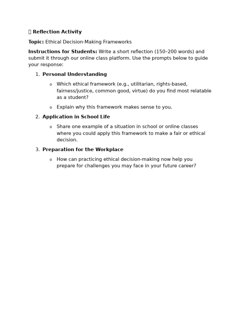 Reflection Activity Ethical Decision Making Frameworks | PDF